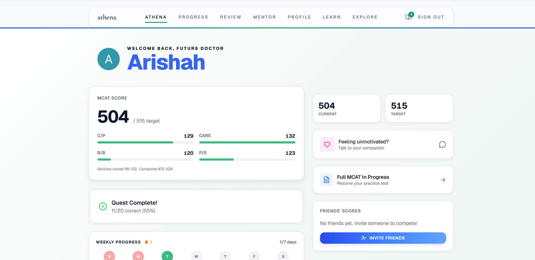 Athena dashboard and score tracking